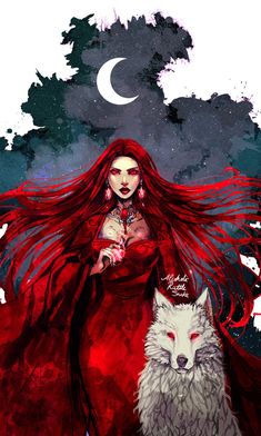 a woman with long red hair standing next to a wolf