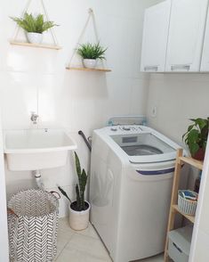 a washer and dryer in a small room with plants on the shelves above