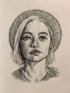 a pencil drawing of a woman with a hat on her head and eyes wide open