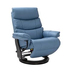 a blue recliner chair sitting on top of a black base