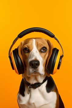 A photography of a beagle dog wearing orange headphones posing in a orange background. Expressive Eyes, Sound Art