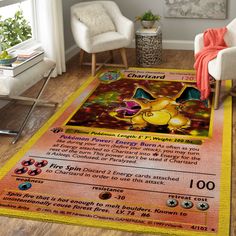 a room with a rug that has pokemon cards on it