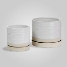 two white and beige cups sitting next to each other