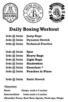 the daily boxing workout schedule is shown in black and white, with instructions for how to use