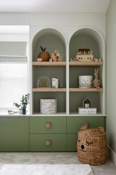 the shelves in this room are filled with toys