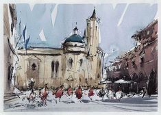 a watercolor painting of people walking in front of a building