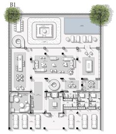 the floor plan for an office building with parking spaces and trees in front of it