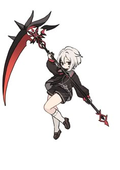 an anime character with white hair and black clothes holding a red arrow in her hand