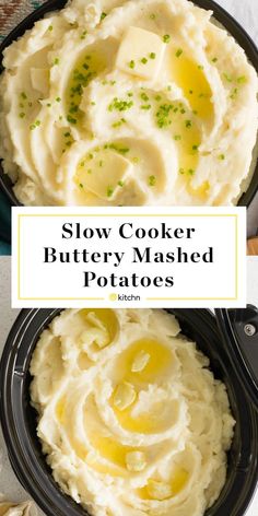 slow cooker buttery mashed potatoes in a black bowl with the words slow cooker buttery mashed potatoes