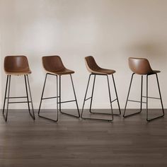 three modern bar stools in front of a white wall and wood flooring,