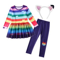 PRICES MAY VARY. 【Rainbow Party Dress for Girls】This cute rainbow dress for girls instantly turns your little princess into a vibrant fairy tale character. The complete girls birthday outfit with rainbow skirt, lace leggings, and cat ear headband creates an irresistibly sweet look. 【Perfect Costume for Role-play Parties】This toddler rainbow cat costume kids is the perfect rainbow outfit for your darling to stand out at Role-playing parties. The complete fairy dress paired with cat ear headpiece Girls Dress Pants, Cat Costume Kids, Kids Dress Clothes, Dollhouse Dresses, Toddler Costumes Girl, Gabby Dollhouse, Toddler Halloween Costumes, Rainbow Dress, Autumn Clothes