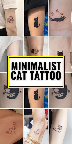 many different tattoos on the arms and legs are shown in this collage with text that reads, minimalist cat tattoo