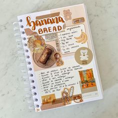 a recipe book with banana bread on it