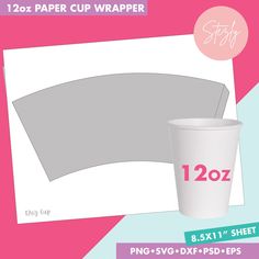 the paper cup wrapper is shown next to it's cardboard holder and its size