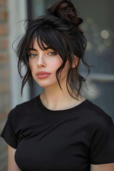 19 Hairstyles For Thick Wavy Hair You'll Love Wispy Grunge Bangs, Thick Wavy Hair With Curtain Bangs, Wavy Ponytail With Bangs, Thick Hair Styles Women, Wavy Hair Bangs Hairstyles, Medium Length Goth Hairstyles, Long Wavy Bangs, Bangs For Long Wavy Hair, Wavy Fringe Hairstyles