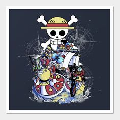 a poster with a pirate ship and other cartoon characters on it's back side