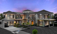 this is an artist's rendering of a two story house in the evening time