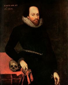 a painting of a man in black with a skull on his left hand and wearing a collar