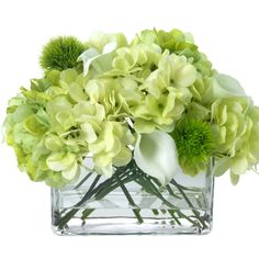 a glass vase filled with green and white flowers