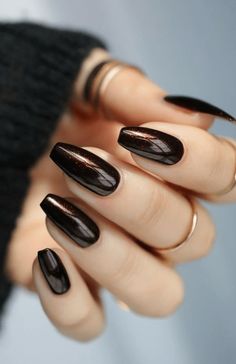 Nail Art October, Black Smokey Nails Acrylic, Dark Fall Almond Nails, Dark Brown Nail Color, Fall Grunge Nails, Dark Nails With Design, Moody Fall Nails, Black Brown Nails, Brown Black Nails