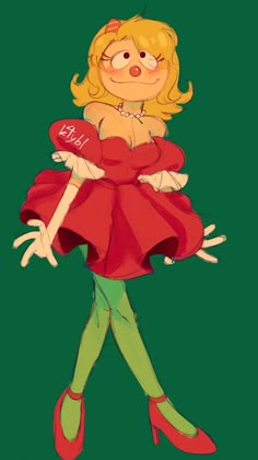 a drawing of a woman with blonde hair and green pants, in red shoes is holding her