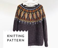 a knitted sweater hanging on a hanger with the text knitting pattern below it