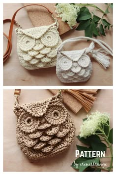 crocheted owl purses are shown with flowers