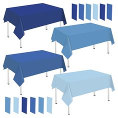 the tablecloths are blue and have different colors on them, including one with white piping