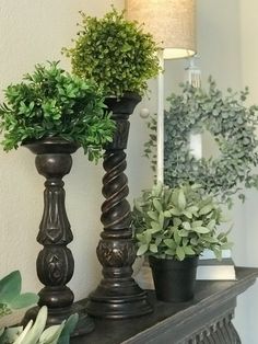 two potted plants are sitting on a mantle