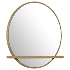 a round mirror with a wooden shelf underneath it