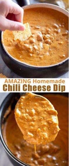 two pictures showing how to make homemade chili cheese dip