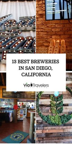 Collage of brewery interiors highlighting the best breweries in California, featuring walls decorated with wooden beer tap handles and a green hop-shaped decoration. Stone Brewing, Blonde Ale, American Beer, Say No More, Beer Tasting, North Park, Craft Brewery