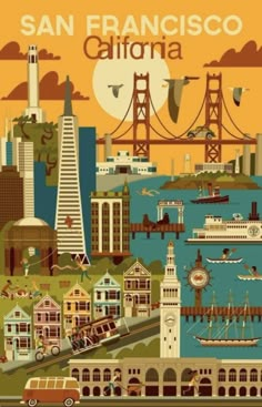 the san francisco skyline is shown in this poster