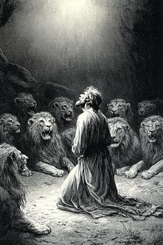 jesus in the lions'den with his head turned to look down at him, as he