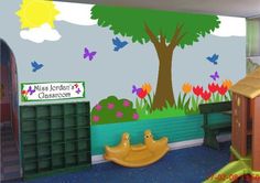 a child's playroom with colorful murals on the wall