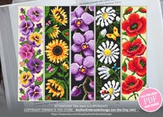 the cross stitch pattern book is open to show different flowers and leaves on it's cover