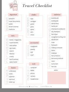 the travel checklist is shown in pink and white