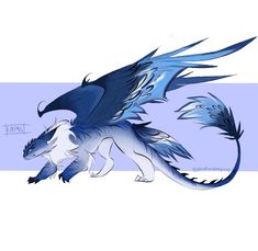 a blue and white dragon with wings on it's back