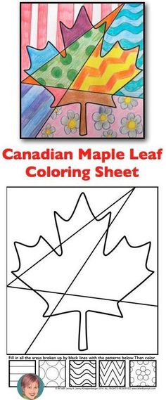 the canadian maple leaf coloring sheet is shown in red, yellow and blue colors with an image of a tree