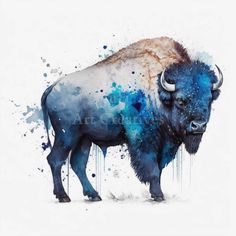 a painting of a bison with blue paint splatters on it