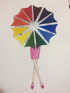 a drawing of a woman holding an umbrella in her hands with the colors of the rainbow