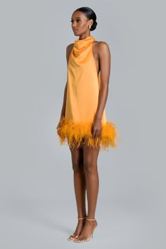 Stand out in our Nolita Mini. This fabulous satin dress features a draped mock neckline with cascading ties down the back and a flirty feather trim at the hem. The A-line silhouette makes it easy to step in...and slip off. Fabric: Satin Ostrich boa feathers Snap closure at the neck Runs small - we suggest taking one size up Item No. G011 Model is 5'10" wearing size S 30th Birthday Dress, Pink Glitter Fabric, All White Party Dresses, Cocktail Party Attire, Summer Cocktail Party, Missy Dresses, Neutral Dresses, Bachelorette Party Dress, Shimmery Dress