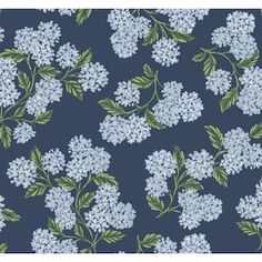 a blue and white floral pattern with green leaves