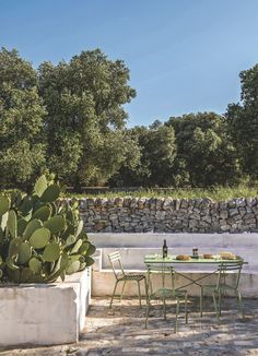 an outdoor table and chairs in front of a stone wall with cactuses on it