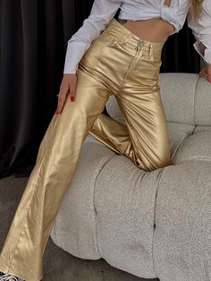 High Waisted Wide Leg Belted Solid Color Zipper Pants Trousers Preppy Pants, Hipster Pants, Silver Pants, Basic Jeans, College Clothes, Strap Pants, Metallic Pants, Jeans Overall, Shiny Pants