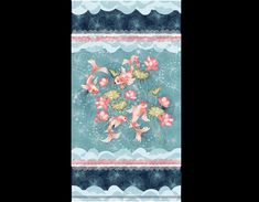 a painting of pink flowers and fish on blue background