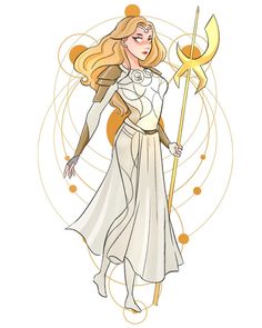 a drawing of a woman in white holding a golden sception and a staff