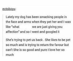 the text on this page reads, let my dog has been snacking people in the face and arms when they pet her and i was affection