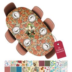 an overhead view of a dining table with buttons on the top and several different patterns around it