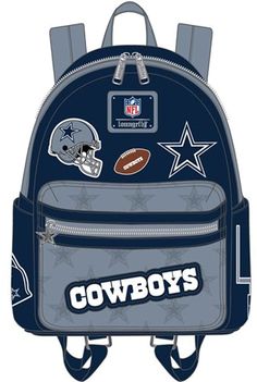 a backpack with cowboys patches on the front and side pockets, all in grey and blue